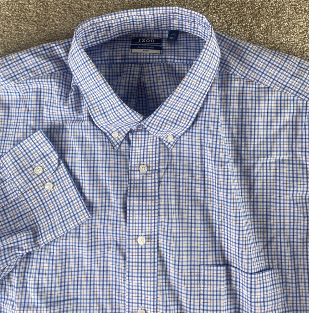 IZOD Big Fit Stretch 4XLT Plaid Blue Gingham Dress Shirt 20 34/35 DIFHB09X-3963